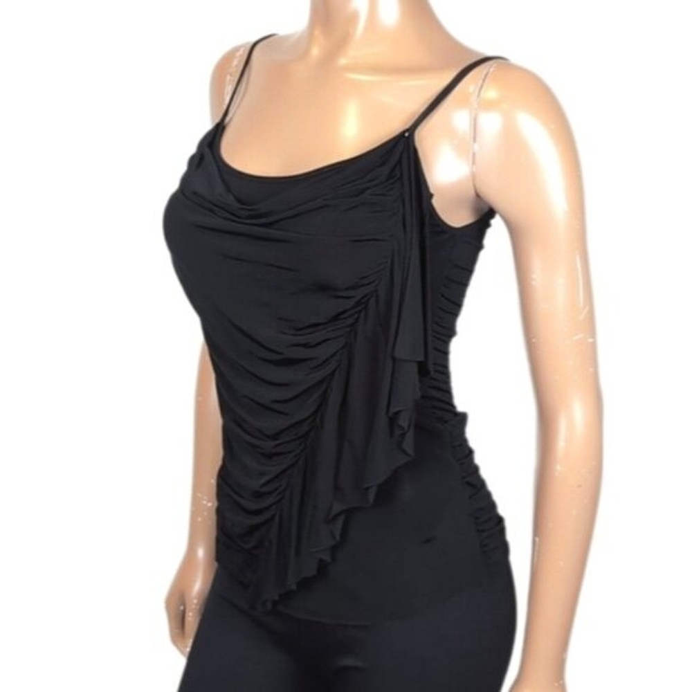 Guess Ruffled Cami Tank Top Black Ruched Asymmetric Party Cowl Neck Size XS
